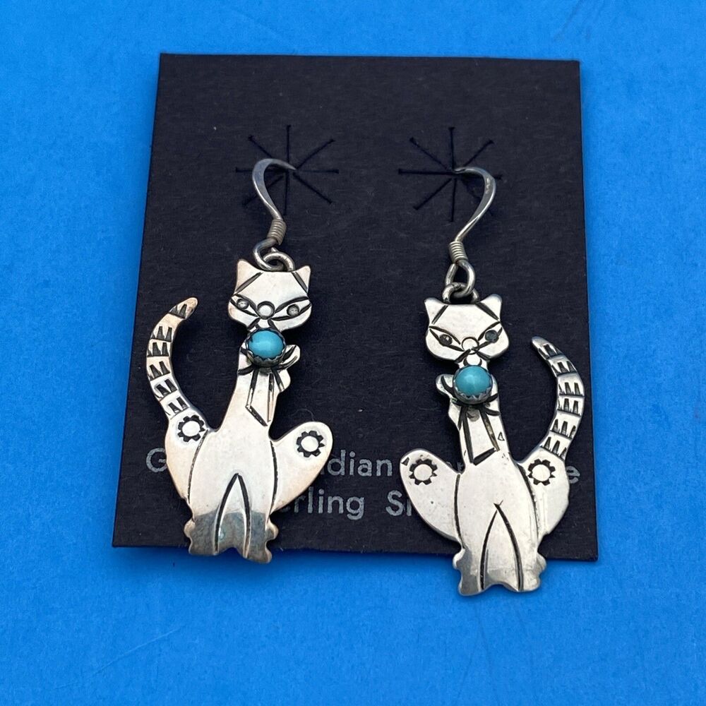 Native American Navajo Turquoise Sterling Silver Cat Dangle Earrings